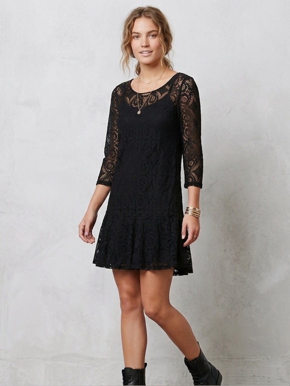 Free People Black Lace Drop-Waist Mini Dress - Size 8
